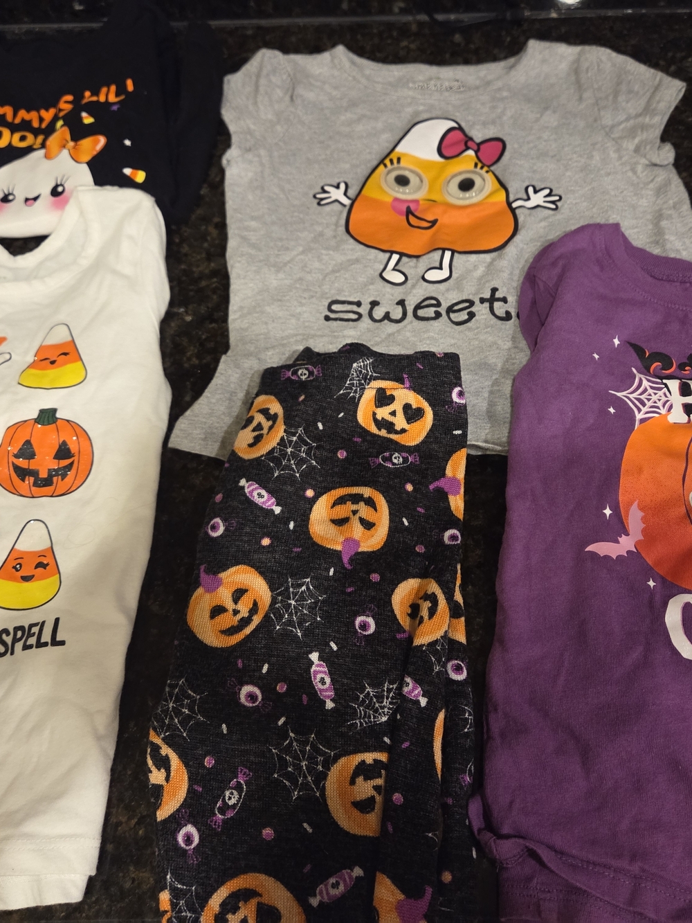Kids Halloween Candy Corn Tee and Pumpkin Leggings Set - Gray, Black, Purple